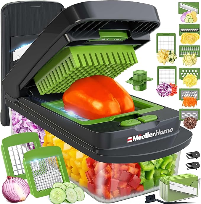MUELLER HOME Pro-Series 10-in-1, 8 Blade Vegetable Chopper, Onion Mincer, Cutter, Dicer, Egg Slicer with Container, French Fry Cutter Potato Slicer, Home Essentials, Salad Chopper,Gray/Green