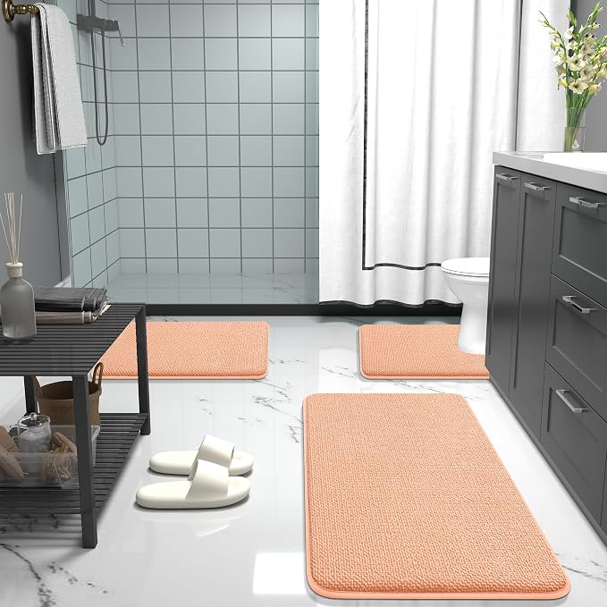 OLANLY Memory Foam Small Bathroom Rugs 24x16, Absorbent Bath Mat, Peach | Soft Quick Dry Bath Mat Rugs, Non-Slip, Machine Washable Mat for Bathroom Floor, Tub and Shower, Home Decor Accessories