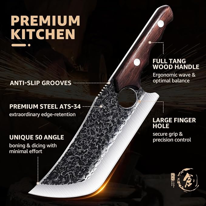 DRGSKL Hand Forged Meat Cleaver Knife with Belt Sheath and Gift Box | Japanese ATS-34 Steel, Hand Forged Full Tang Knife, Ebony Handle, Belt Sheath, Gift Box, Anti-stick Pounding Texture