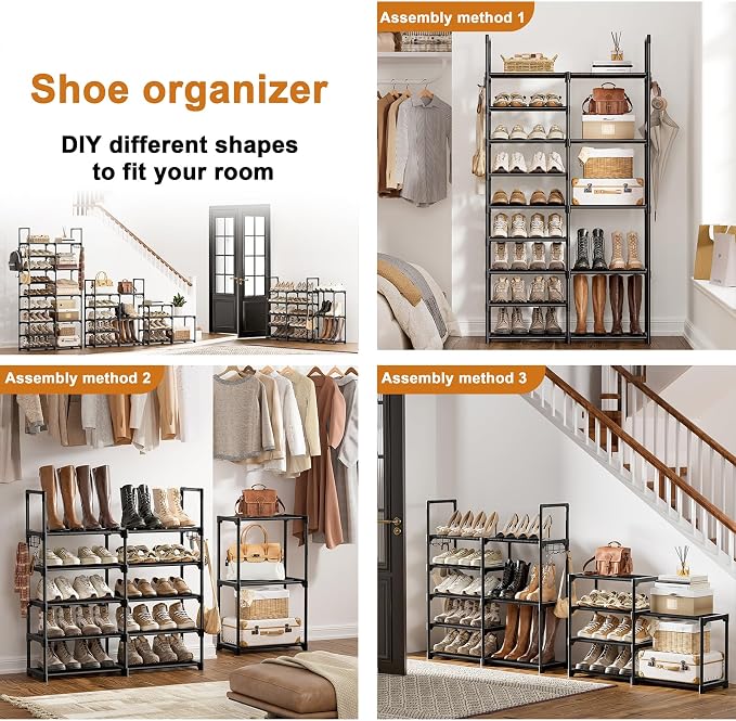WOWLIVE 9 Tiers Shoe Rack Shoe Storage Shoe Organizer 30-35 Pairs Shoe Tower Unit Shelf Durable Metal Pipes with Plastic Connectors Stackable Cabinet Black(SSS2B9)