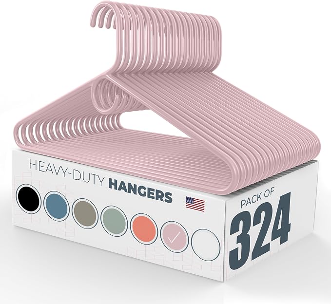 Heavy Duty Clothes Hangers 100+ Pack (324 Count) – Made in the USA – 8lb Capacity Plastic Hangers for Adult Clothing – Durable for Pants, Coats, Jackets, or Jeans – Pink