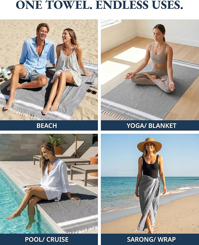 LANE LINEN Turkish Beach Towels 4 Pcs, Super Absorbent, Lightweight - Alloy | Oversized Beach Towel 39"x71" - Durable Sand Free Towel - Absorbent & Quick Dry - Perfect for Pool or Travel, Poolside Ready