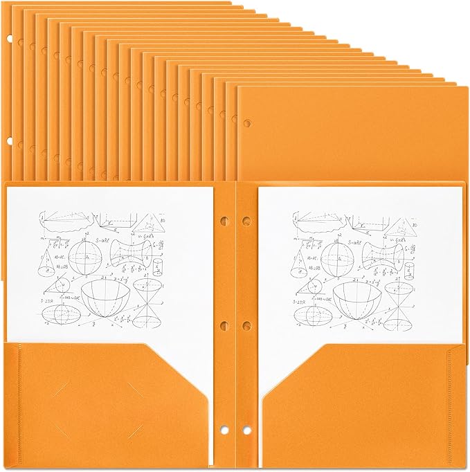Yeaqee 100 Pcs Plastic Folders with Pockets Bulk 3 Hole Punched 2 Pocket File Folders for 3 Ring Binder Divider Folder for Notebooks, Durable Poly for Office Home (Orange)
