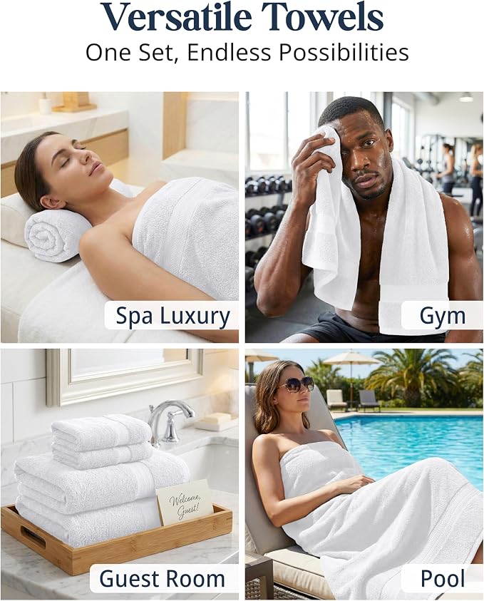 LANE LINEN Bath Towel Set 100% Cotton 6 Piece Soft Absorbent - White | Shower Towels - Generously Sized, Oversized & Roomy, Lightweight & Breathable, Fade-Resistant Color, Classic Terry Weave