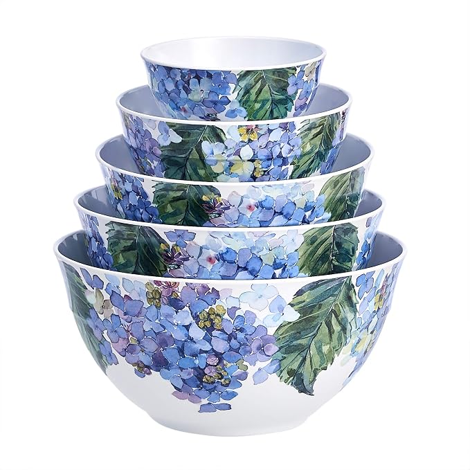 Amazon Basics Mixing Bowls with Lids, Nesting Melamine Serving Bowls, Non-Slip Base, BPA Free, Dishwasher Safe, 5 Sizes, Hydrangea Floral, Set of 10 (Pack of 2)