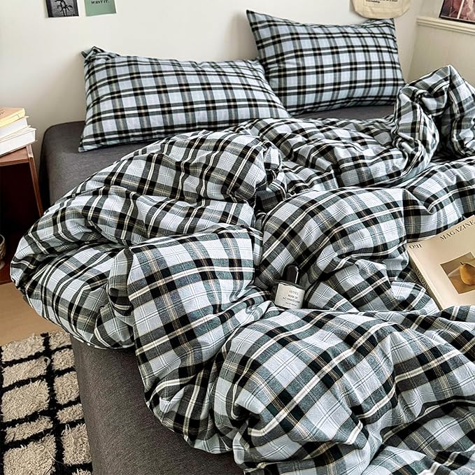 mixinni Vintage Grey & Pale Blue Buffalo Plaid Duvet Cover Set Twin XL Size - 3 Piece Washed Cotton Bedding Set with Grid Pattern, Soft & Breathable Duvet Cover with Pillowcases for Boys, Men& Women