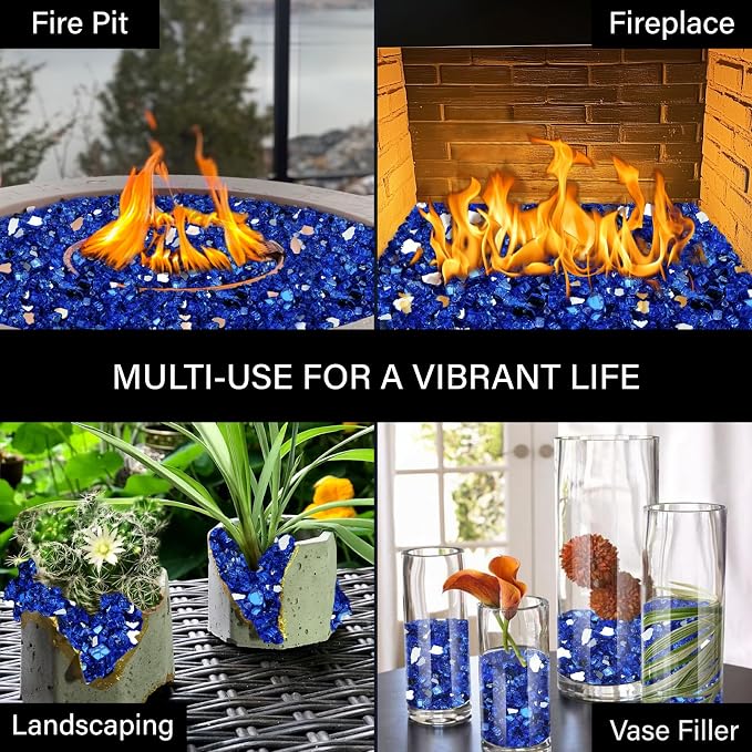 NUPICK 5 Pound Fire Glass, 1/4 Inch Reflective Fire Pit Glass | Tempered Fire Pit Rocks for Propane or Natural Gas, Glass Rocks for Fire Pit Table, Fireplace, Fire Bowl, Landscaping, Blue
