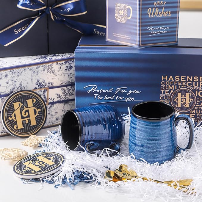 HASENSE Ceramic Coffee Mugs Gift Set for Men, Women, Blue Reactive Glazes | 15oz Coffee Cups with Handles, Vintage Luxury Birthday Gift Ideas for Dad, Mom, Friends, Coworkers, Wife, Couples, 2 Pack