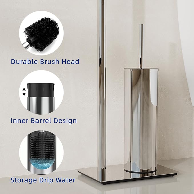 RUACQ Toilet Paper Holder Stand with Toilet Brush and Holder Set, 304 Stainless Steel Bathroom Toilet Tissue Paper Roll Holder Free Standing, Weighted Base, Heavy Duty (Chrome)