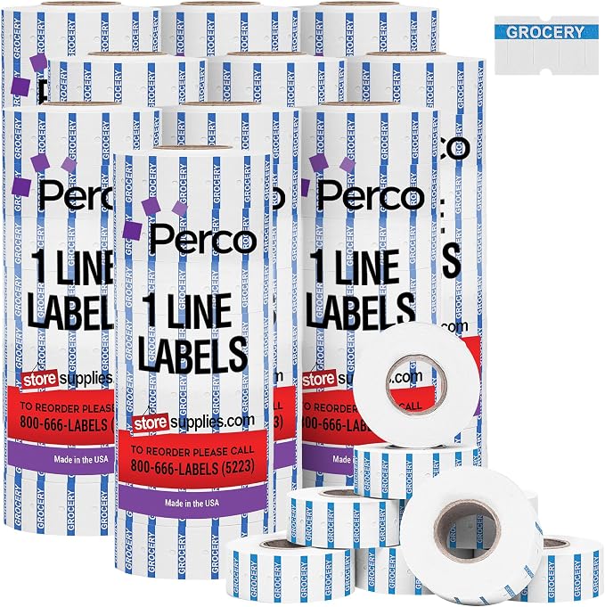 Perco 1 Line Blue Reverse Print on White Grocery Labels—80,000 Labels for Perco Lite, X, Plus & Pro Guns—with Tamper-Proof Design for Supermarkets, Corner Stores and More—80 Rolls, 10 Sleeves—USA Made