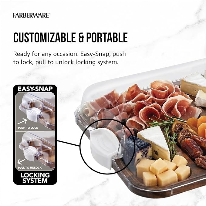 Farberware Build-A-Board Acacia Cutting Board with Compartments and Clear Locking Lid, White Handles, 11x14 Inches - Charcuterie Board, Snack Tray, Food Prep and Portable Entertaining Platter