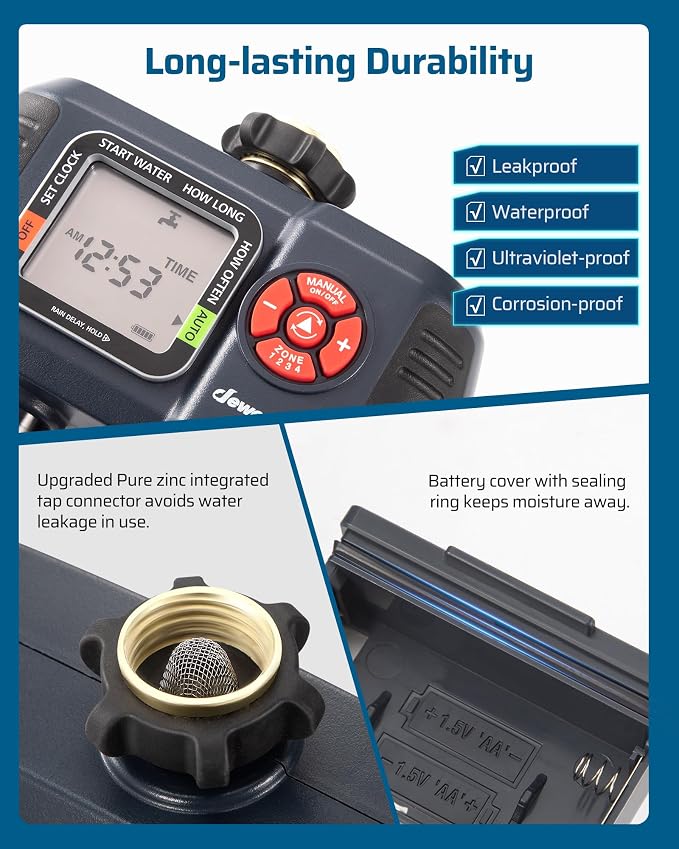 DEWENWILS Sprinkler Timer 4 Zone, Water Timer for Garden Hose with Rain Delay/Manual/AUTO Irrigation, Programmable Outdoor Faucet Hose for Yard, Lawn