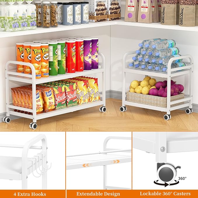 DAOUTIME 2-Tier Expandable Rolling Cart, Pantry Storage Cart with Wheels, Adjustable Rolling Pantry Floor Organizer, Metal Under Desk Cart, Sturdy Can Storage & Snack Organizer for Kitchen Pantry