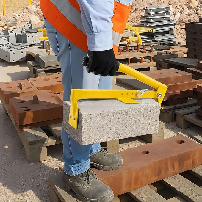 Adjustable Heavy Duty Brick Tongs Set Heavy Duty Block Tongs with Rubber Pad Handle and Work Gloves Adjustable 9-13.7 Inches Paver Tool for Bricks Lifting Carrying (Yellow)