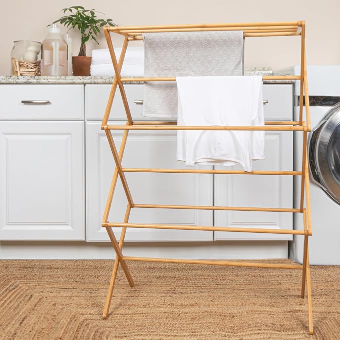 Household Essentials Bamboo Folding Clothes Drying Rack, Upscale Laundry Rack with 11 Dowels, Environmentally Friendly, Stable Frame, Shelf for Drying Flat