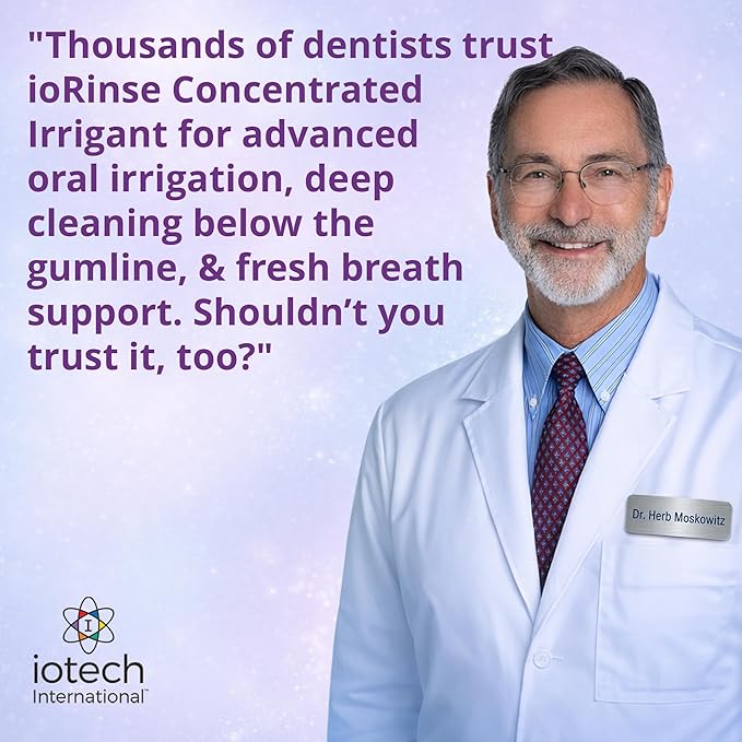 ioRinse Concentrated Irrigant with Active Molecular Iodine, Alcohol-Free Dental Irrigant, for use with Waterpik Water Flossers, and All Other Oral Irrigation Devices