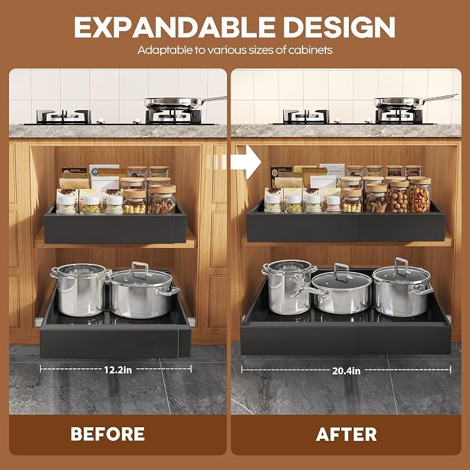Seinloes 2 Pack Expandable Pull Out Cabinet Organizer 16.5"Deep With Raising Pad for Framed Cabinets,Upgrade 3 Slide Rails Slide Out Drawers,No Drill Roll Out Shelves,Adjustable Width 12.2"-20.4"Black