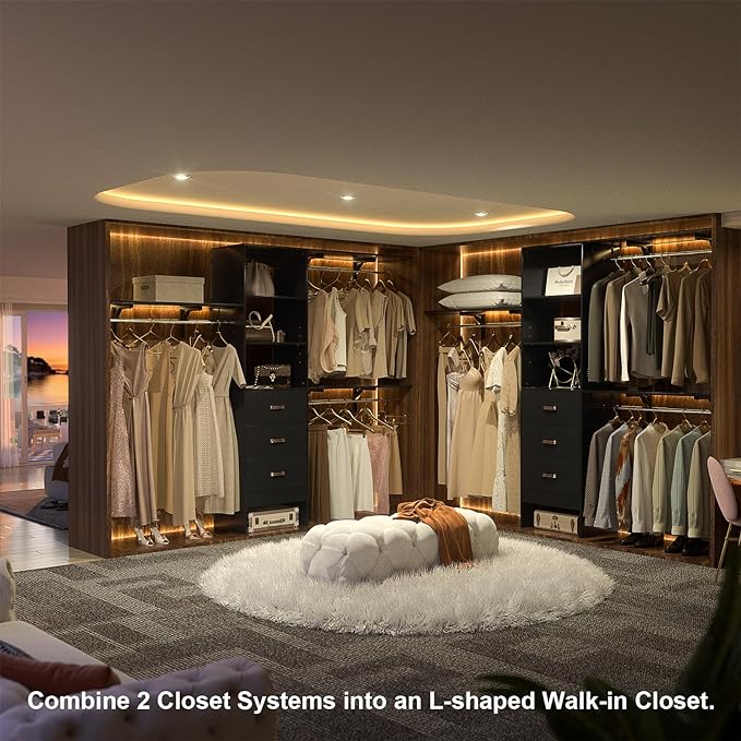 Armocity 96" Wood Closet System with 3 Enclosed Drawers & 3 Solid Shelves, 8FT Adjustable Closet Organizers and Storage, Heavy Duty Modular Wardrobe for Reach-In & Walk-In, 1000 LBS Load, Black