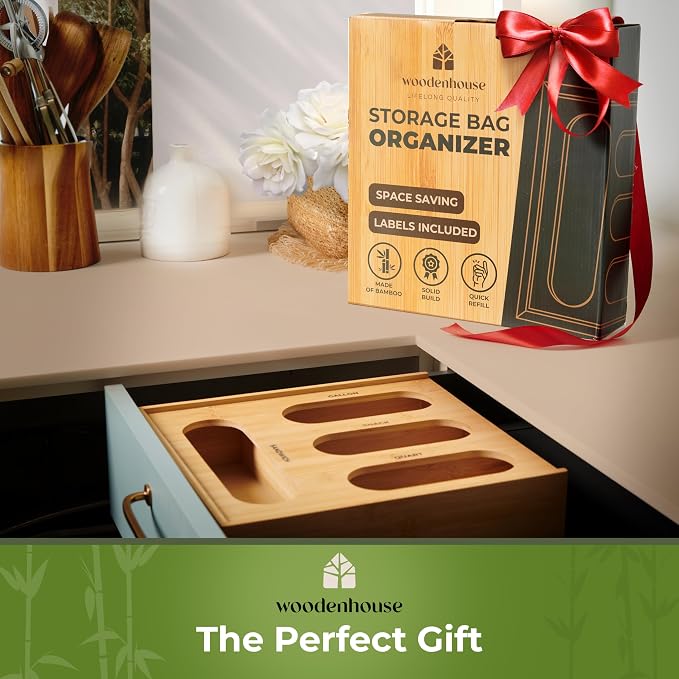 Bamboo Storage Bag Organizer, Sandwich Bag Organizer - Single Block Design for Kitchen Organization, Baggie Organizer for Drawer - Quick Refill Slider, Fits Half Gallon, Quart, Snack Size Bags