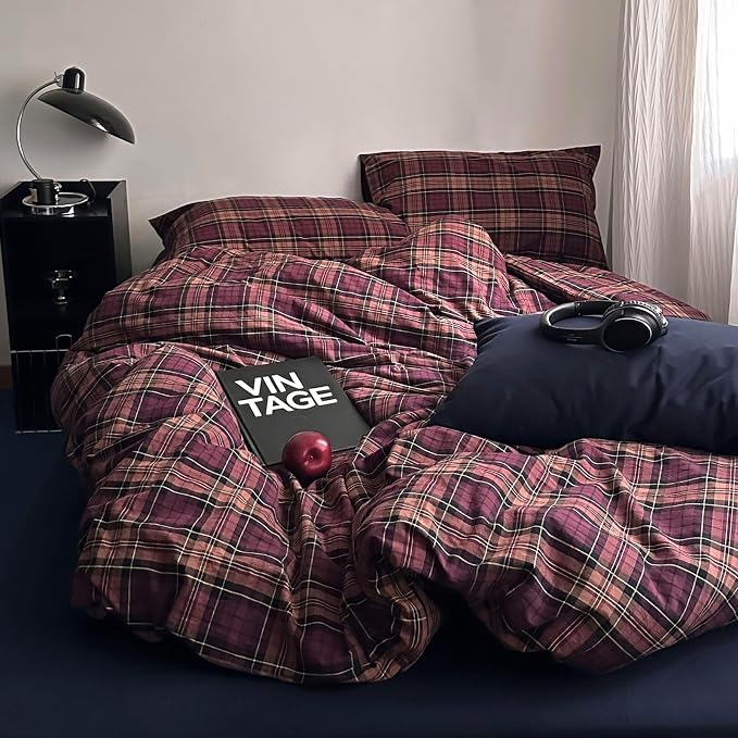mixinni Vintage Burgundy Buffalo Plaid Comforter Cover Set King Size - 3 Piece Mid-Century Modern Washed Cotton Bedding, Soft Breathable Grid Duvet Cover with Matching Pillowcases for All-Season