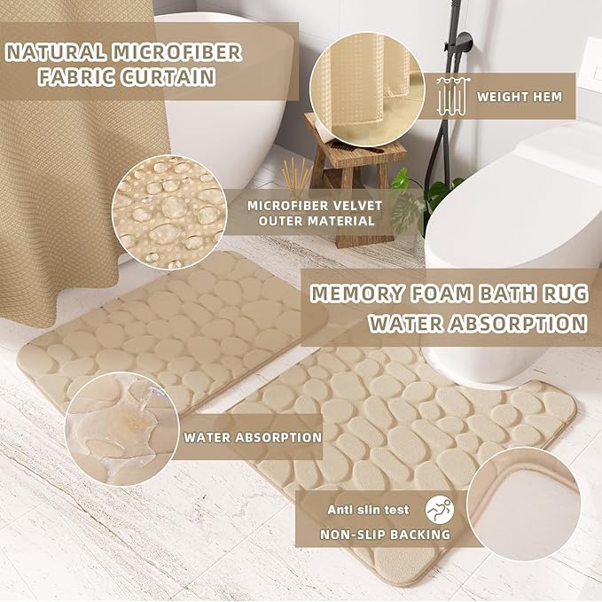 XLHOMO 26PC Bathroom Accessories Set - Gorgeous Beige Bathroom Set, Bathroom Accessory Set, Shower Curtain Set with Bathtub Mats for Shower Tub, Trash Can & Soap Dispenser