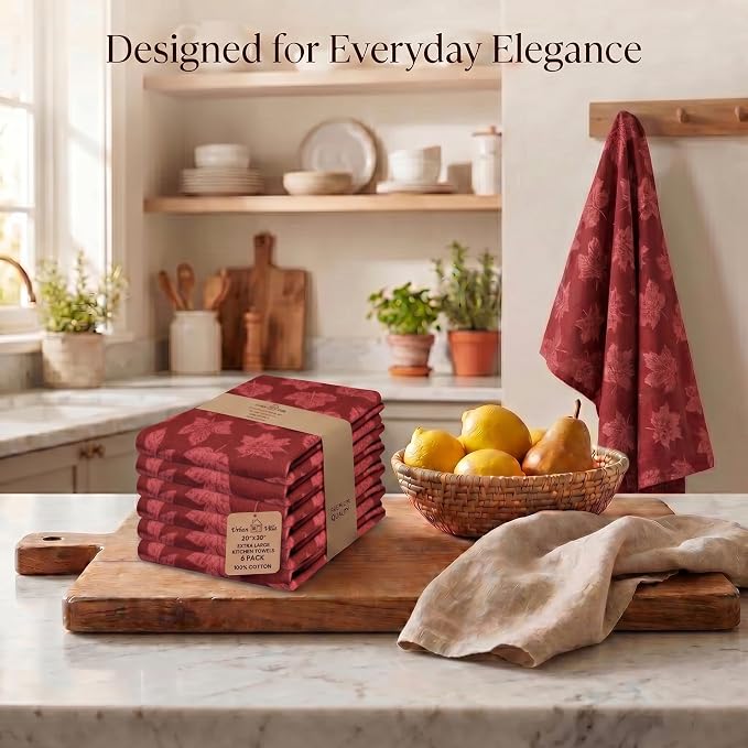 Urban Villa Kitchen Towels Harvest Leaf Print Towels Set of 6 20" X30” 100% Cotton Highly Absorbent Quick Drying Dish Cloths & Dish Towels Thanksgiving Fall Tea Towels with Hanging Loop Towels