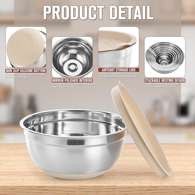 7QT 23PCS Mixing Bowls with Airtight Lid Set, Stainless Steel Nesting Bowls with 3 Graters, Non-Slip Base, Large Prep Bowls 7, 3.5, 2.5, 2, 1.4, 1QT & 14 Measuring Spoons Great for Baking, Serving