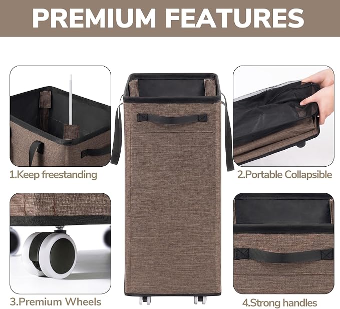 Goodpick Laundry Basket with Wheels, 75L Collapsible Laundry Baskets with Removable Wash Bag, Clothes Laundry Hamper on Wheels, Light Brown
