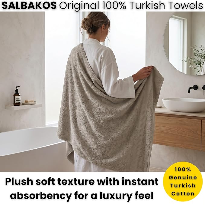 SALBAKOS 2-Piece 100% Turkish Cotton Bath Towels Extra Large 35x70, Stone | Oversized Bath Sheet Towel for Bathroom & Beach, Thick, Super Soft, Highly Absorbent, Premium Hotel Quality, Made in Turkey