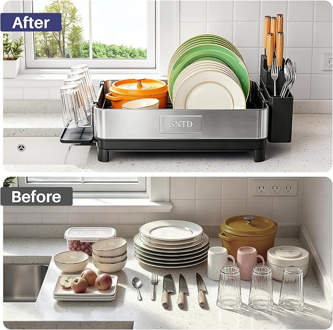 SNTD 304 Stainless Steel Dish Drying Rack for Small Kitchen Counter, Black | Rustproof, Large Capacity, Heavy-Duty Frame, Rotating Spout, Angled Drainboard, Removable Cup & Utensil Holder