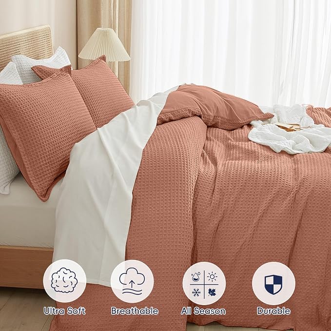 PHF Waffle Duvet Cover Set Twin XL Size, Back to School College Dorm Bedding, Ultra Soft Breathable Comforter Cover for All Season, Dorm Room Essentials Set with 1 Pillow Sham,68" x 90", Terra Cotta