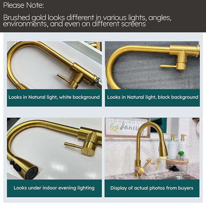 Brushed Gold Kitchen Faucet with Soap Dispenser, WOWOW Stainless Steel Kitchen Faucet for Sink, Single Handle Luxurious Gold Kitchen Sink Faucet with Sprayer