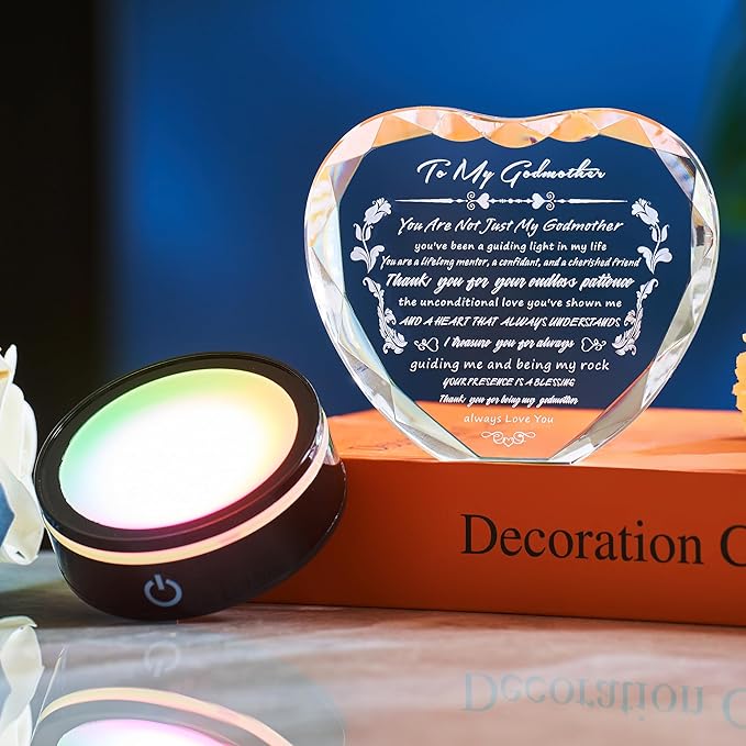 Gifts for Godmother with Colorful LED Base Heart Crystal Plaque Godmother Gift Idea from Goddaughter Godson for Mothers Day, Christmas, Birthday, Thanksgiving,Retirement