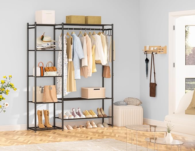 Neprock Wardrobe Closet, Portable Clothing Rack for Hanging Clothes, Free Standing Closet Organizers and Storage System with 4 Tiers Shelves for Cloakroom Bedroom,Black