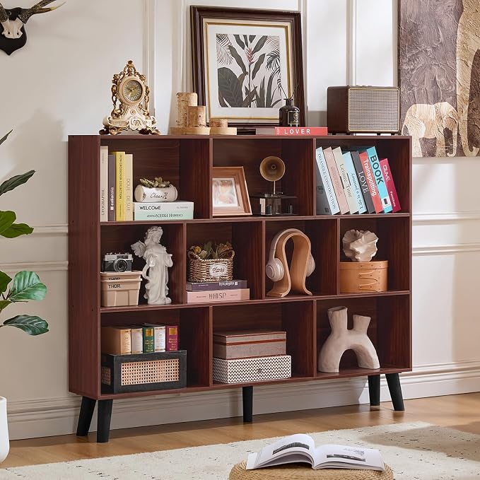 LEYAOYAO 10 Cube Bookshelf, Mid-Century Modern Book Shelf with Legs, Walnut | 3 Tier Bookcase, 55" Wide Rustic Wood Bookshelves Large Storage Organizer, Open Shelves for Bedroom, Living Room, Office