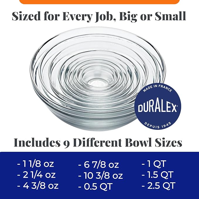 Duralex Le Gigogne Glass Mixing Bowl Set – 9-Piece Clear Stackable Prep Bowls Made of Durable Glass