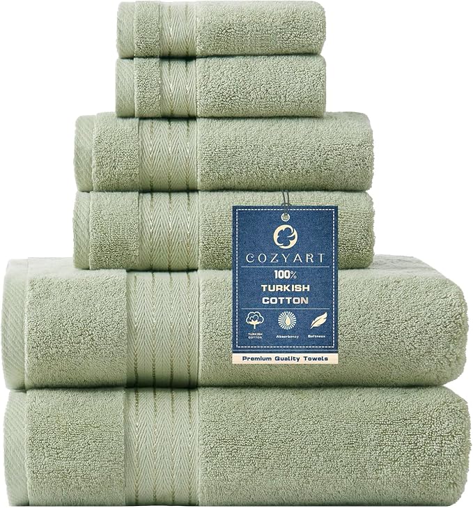 COZYART Luxury Bath Towel Set 6 Pcs, Sage Green 100% Turkish Cotton 650 GSM | OEKO-Tex 100 Certified Zero Twist Ring Spun, Soft Absorbent Quick Dry, Plush Fluffy, Breathable Hotel Quality for Daily Use