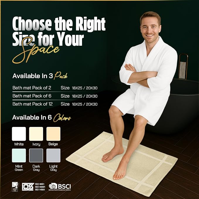 Pearl Linens Pack of 6 100% Cotton Bath Mat 20x30 inches, Soft & Absorbent Quick Dry Bathroom Mat Set, Not Bathroom Rugs, After Shower Mat, Bath Tub Mat, 687 GSM, Machine Washable, Beige