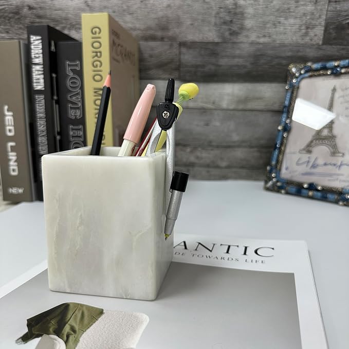 Natural Marble Pen Holder, 2.95" x 3.74" Square Hand-Polished Desk Pencil Cup, Multi-Functional Marble Organizer for Makeup Brushes, Kitchen Utensils, Office, Bathroom, Home Decor