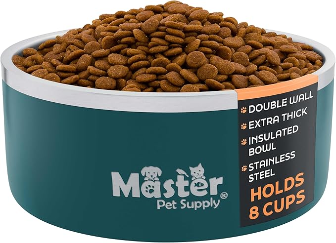 Master Pet Supply Stainless Steel Dog Bowls - 64 oz, Heavy Duty - Emerald Sea, Double Wall Extra-Thick Insulated, Non-Slip Pet Water Bowl for Dogs, Cats & Pets, Anti Rust Metal, Dish Washer Safe