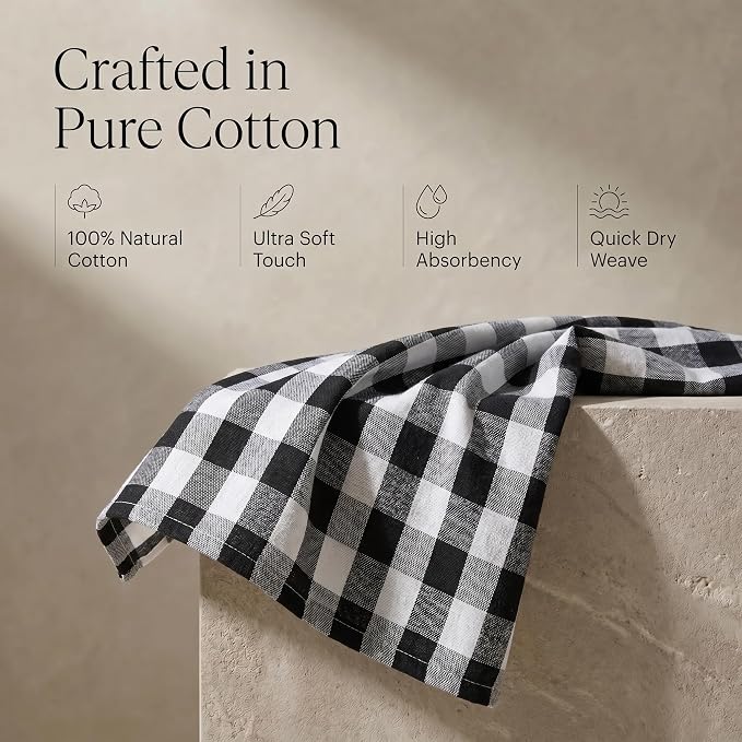 Urban Villa Kitchen Towels 100% Cotton Dish Towels for Kitchen (Set of 6) 20”x30” Dish Cloths Highly Absorbent Kitchen Linen Set with Hanging Loop Perfect for Drying Dishes Cleaning – Black White