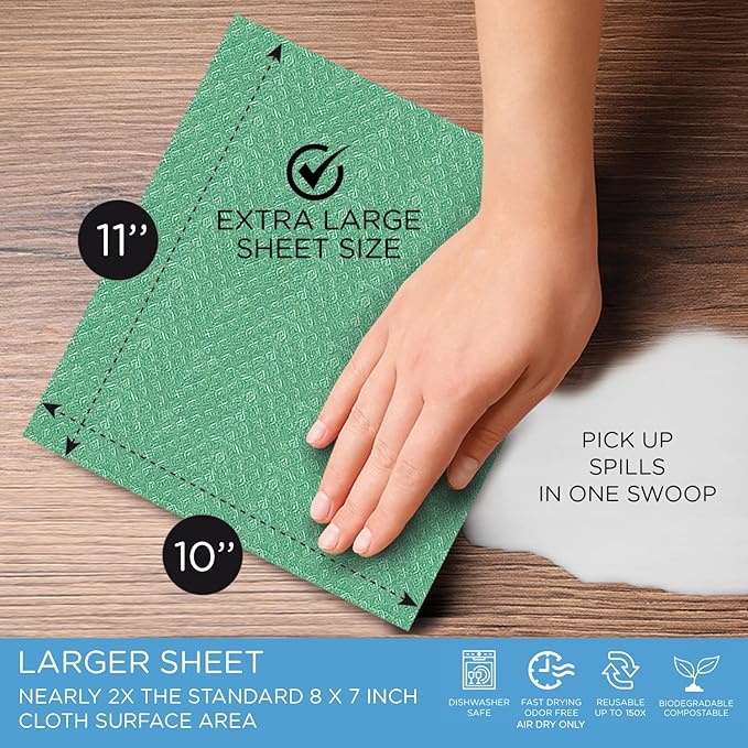 Swedish Dishcloths for Kitchen XL, 12 Sheet Roll, Biodegradable & Compostable, Reusable Paper Towel Cleaning Cloths, 11" x 10", No Odor, Washing Dishes, Ultra Absorbent Cellulose Sponge Towel, By LOLA