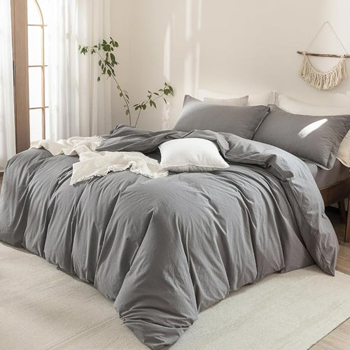 100% Washed Cotton Duvet Cover Queen Size Dark Grey Bedding Set Cover 1 Duvet Cover with Zipper Closure and 2 Pillowcases, 90inch x 90inch