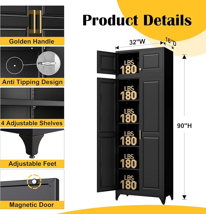 SteeLoong 90”Metal Pantry Storage Cabinet with Doors & 4 Adjustable Shelves | Kitchen Pantry Cabinet,Black Kitchen Cabinet with 4 Gold Handles,Tall Cabinet for Livingroom,Pantry, Bathroom,Kitchen,Garage