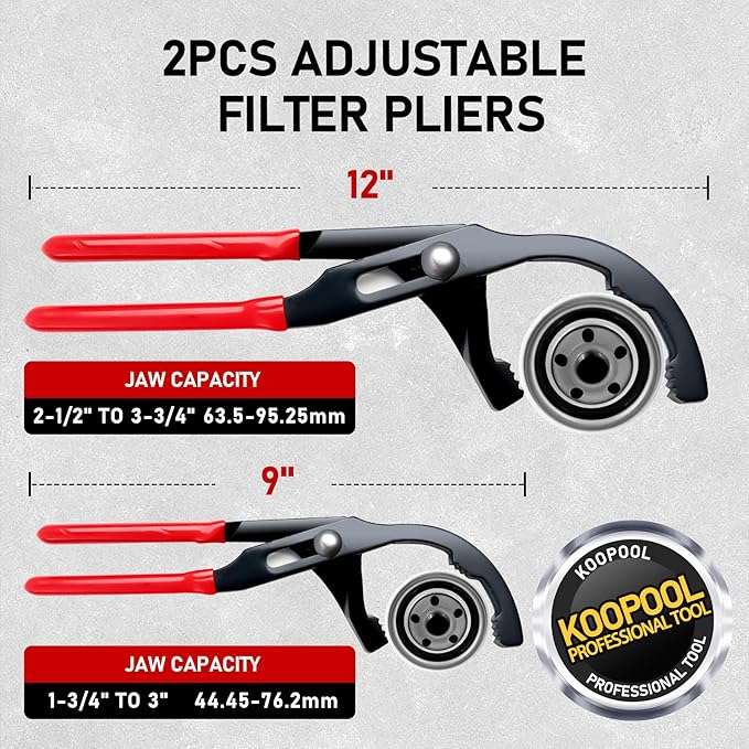 KOOPOOL Oil Filter Wrench Set, 8 Piece Adjustable Oil Filter Pliers 2-3/4" to 5-1/4", 9" & 12" Universal Oil Filter Removal Tool with 1/2" to 3/8" Adapter, Organized in Storage Case (8-Piece Set)