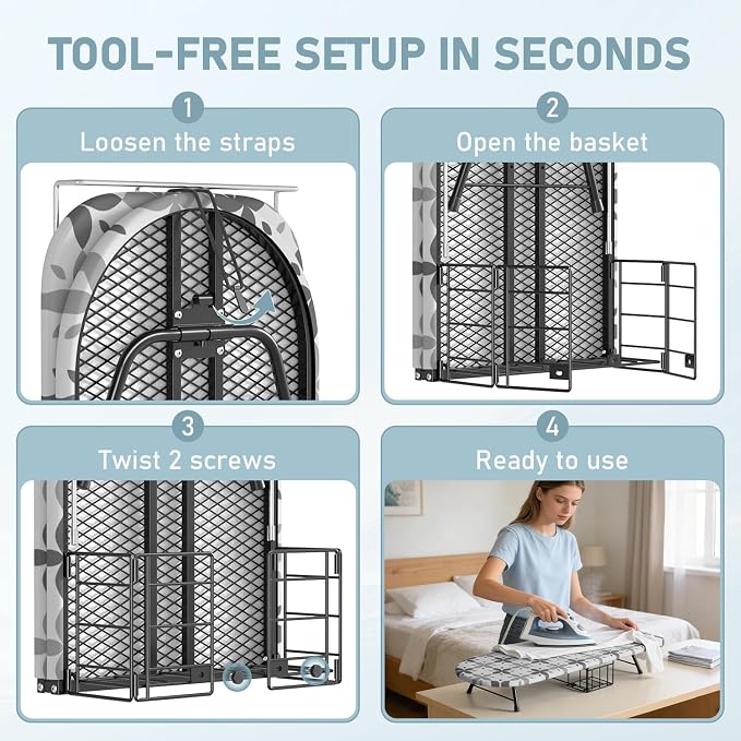 Tabletop Ironing Board with Iron Holder, Foldable Mini Small Iron Board, Iron Rest & Hanger Hook, Heat Dirt Resistant Cover, Portable for Travel Apartment Sewing Laundry