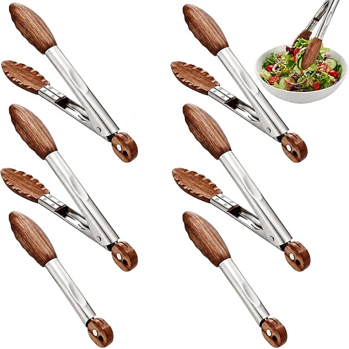 Honeydak 6 Pcs Walnut Wooden Kitchen Tongs 7 Inch Kitchen Stainless Steel Salad Tongs with Walnut Wood Tip Cooking Utensils Set for Serving Food Grilling Buffet Wedding Party Vintage Style Tableware
