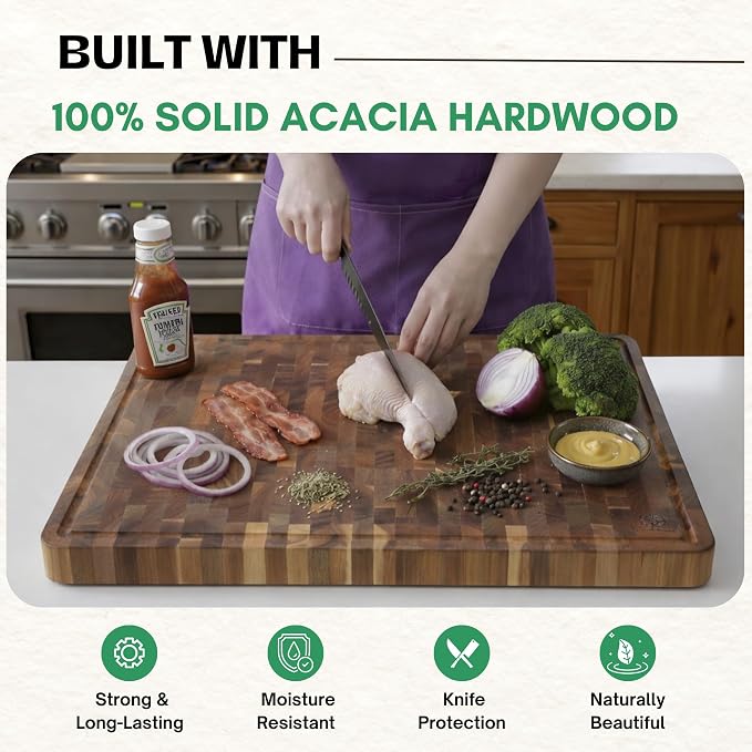 End Grain Acacia Wood Cutting Boards for Kitchen, 1.5 in Thick Butcher Block Construction for Stability, 20 x 15 in Large Cutting Boards with Gift Box, Juice Groove and Handle