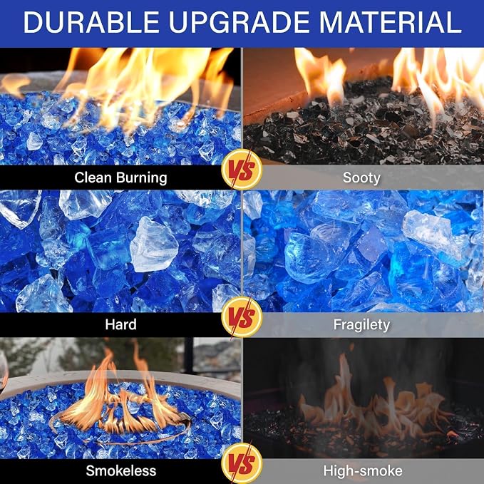NUPICK 20 Pound Fire Glass, 1/2 Inch Reflective Fire Pit Glass | Tempered Fire Pit Rocks for Propane or Natural Gas, Glass Rocks for Fire Pit Table, Fireplace, Fire Bowl, Blue and White Mix