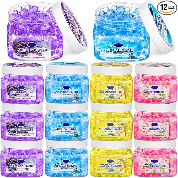 12 Pcs Air Freshener Bulk Odor Gel Eliminator Beads 8 oz Long Lasting Air Freshener Beads Eliminates Odors in Home Bathrooms, Cars, Boats, Rvs and Pet Areas (Ocean, Lavender, Rose, Lemon)